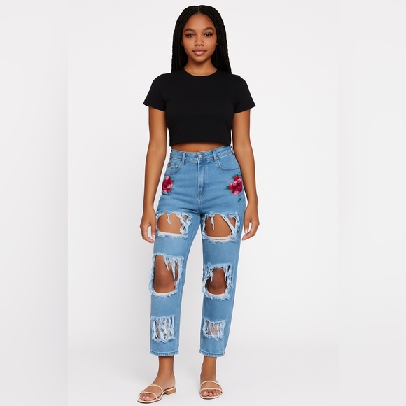 High-Waisted Distressed Rose Patch Jeans for Women – Trendy Shredded Denim - Picture 4 of 8